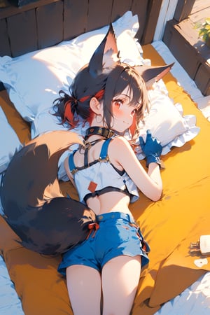 //quality, masterpiece:1.4, detailed:1.4, ,best quality:1.4, //, 1girl,solo,Tekeli,//,black fox ears,animal ear fluff,black fox tail,black hair,red inner hair,(short ponytail),sidelocks,red eyes,median furrow,//,fashion,(adventure costume),cat_collar,crop top,sleeveless,blue mini shorts, gloves,//,blush,closed_mouth,smile,face down,lying on bed,(on stomach),(thumbs_up),(hand_up),//,indoors,bedroom,pillow,bed,from_behind,from_above,scenery