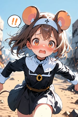 //quality, masterpiece:1.4, detailed:1.4,best quality:1.4,//,1girl,solo,loli,//, brown mouse_ears,mouse_tail,animal ear fluff, medium hair, brown hair, (orange eyes),//,(black nun costume),long sleeves,//,blush, sweat_drop,sweaty,worried, tearing up,fists,(running),straight-on,!,!!,(spoken exclamation_mark),//,close-up,cowboy_shot,destruction,(blurry background),dal-6 style, blue sky