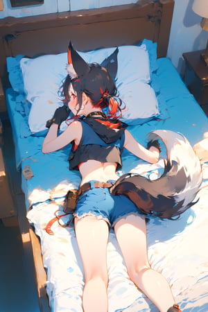 //quality, masterpiece:1.4, detailed:1.4, ,best quality:1.4, //, 1girl,solo,Tekeli,//,black fox ears,animal ear fluff,black fox tail,black hair,red inner hair,(short ponytail),sidelocks,red eyes,median furrow,//,fashion,(adventure costume),cat_collar,crop top,sleeveless,blue mini shorts, gloves,//,blush,closed_mouth,smile,face down,lying on bed,(on stomach),(thumbs_up),(hand_up),//,indoors,bedroom,pillow,bed,from_behind,from_above,scenery