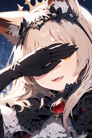 //quality, masterpiece:1.4, detailed:1.4,best quality:1.4,//,loli,solo:1.2,//,orange_hair:1.4,long_hair,animal ear fluff,fox_ears:1.4,//,crown:1.4,eye Mask,Phantom thief costume,black_cloak:1.2,long cloak:1.2,bow,black gloves:1.4,belts,//,evil smile:1.4,blush,cute_fangs:1.2,//,covering eyes :1.4,close_up,head focus,//,blurry_background,night:1.2,rooftop,moon,covering eyes