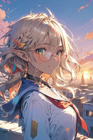 //quality, masterpiece:1.4,detailed:1.4,best quality:1.4, //,1girl, solo,//,elf,elf_ears,(dark skin),blonde_hair,straight_hair,french_braid,sidelocks,light green eyes,detailed eyes,(large chest),//,red glasses,hair_accessories,sailor_collar,white school uniform,//,light smile,closed_mouth,blush,cowboy_shot,//,school,(sunset),backlighting,aesthetic,Colorful art,Vivid Colors,outdoors, rooftop, building, cityscape,scenery