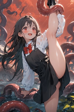 //quality, masterpiece:1.4, detailed:1.4,best quality:1.4,//,1girl,solo,(loli),//, black_hair,long hair,straight_hair,red_eyes,//,(black suspender dress),(white shirt),bow,long_sleeves,black shoes,(wet),wet hair,wet clothes, (tentacles),hair_tentacles,lots of tentacles, surrounding by tentacles,//,mouth open,blush,smile,//,(dancing with tentacles),dynamic pose, holding tentacles,open_legs,(tentacles rope), tentacles bounded,(standing_split),//(heavy raining),(red_sky), (cloudy),fog,(garden),horror,red theme,eldritch_abomination,close_up,cowboy_shot,standing_split