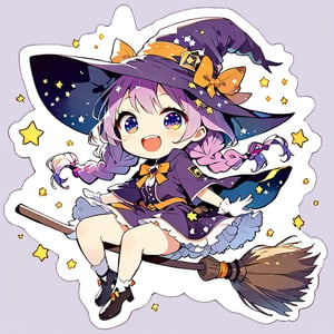//quality, (masterpiece:1.3), (detailed), ((,best quality,)),//,illustration,//,(1girl),solo,(chibi:1.4),loli,(wizard:1.3),//,(purple hair:1.3),(twin braids:1.3),detailed eyes, purple eyes,(,glowing_eyes,sparkling_eyes:1.3),//,wizard costume,ribbons,brooch,white gloves,stockings,//,blush,smile,mouth_open,teeth,//(,astride on magic broom:1.4),//,purple background,star,star_(symbol),starry, (stickers:1.3),sticker,outline