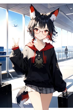 //quality, masterpiece:1.4, detailed:1.4, ,best quality:1.4, //, 1girl, cute,solo,Tekeli,//,black fox ears,animal ear fluff,black fox tail,black hair,red inner hair,short ponytail,sidelocks,red eyes,collarbones,small_chest,//, fashion,red_glasses,cross_necklace, black hoodie,hood_down,from_side,//,blush,>:),looking_at_viewer,light smile,//(,v,v-sign),suitcase,walking,cowboy_shot,//,indoor,blue sky,sunbreak,backlighting,window,airport,crown,scenery,ink paint