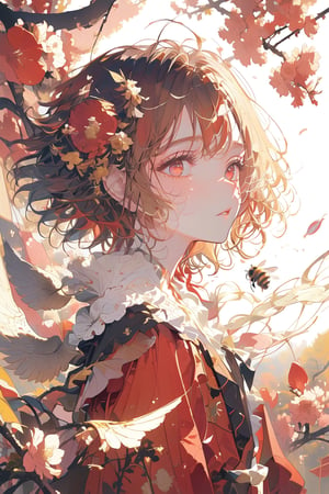 //quality, (masterpiece:1.4), (detailed), ((,best quality,)),//, cloes-up portrait,1girl,solo,bee_girl,//, red hair, short hair,antenna_hair,sidelocks,hair_flowers, beautiful detailed eyes,glowing eyes,red eyes,//,(bee wings:1.3),red_dress,
,//, blush,expressionless,facing_viewer,//,,//, scenery, outdoors, flower_petals,flying_petals, flowers petals floating in air,((bees)),//,emo,