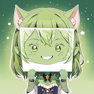 //quality, (masterpiece:1.4), (detailed), ((,best quality,))//,PaperLikeFace,//1girl,chibi,//,(goblin_ears:1.3),(green skin:1.4),//,fashion,//,happy_face, smile,//,holding paper,//paper, star_background ,goblin