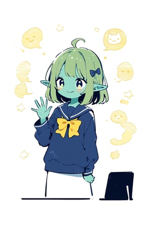 //quality, masterpiece:1.4, detailed:1.4,best quality:1.4,//,(doodle style),//,goblin,pointed_ears,(((green skin))),1girl,solo,ahoge,green hair, medium_hair, straight_hair, blue_eyes,//,(darkblue school_uniform),bow,//,waving,smile,//, straight-on, blackboard,cute comic,
