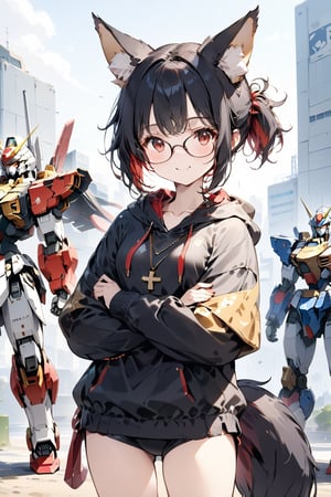 //quality, masterpiece:1.4, detailed:1.4, ,best quality:1.4, //, 1girl, cute,solo,Tekeli,//,black fox ears,animal ear fluff,black fox tail,black hair,red inner hair,short ponytail,sidelocks,collarbones,red eyes,small_chest,//, fashion,red_glasses,cross_necklace, hoodies,hood down,//,blush,smile,//,crossed_arms, standing,//,outdoor,day,ink paint, gundam,(((girl standing in front of gundam))),(huge mecha),detailed mecha,robot,