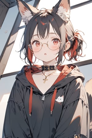 //quality, masterpiece:1.4, detailed:1.4, ,best quality:1.4, //, 1girl,solo,Tekeli,//,black fox ears,animal ear fluff,black fox tail,black hair,red inner hair,short ponytail,sidelocks,red eyes,collarbones,small_chest,//,fashion,red_glasses,cross_necklace, black hoodie,hood_down,//,blush,expressionless,:o,mouth_open,(looking_down),looking_at_viewer,//, kneeling,(spoken_exclamation_mark),!,!!,close-up portrait,upper_body,hands out_of_frame,//,indoor, detailed room background,from_below,low-angle_shot