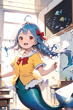 //quality, (masterpiece:1.4), (detailed), ((,best quality,)),//1girl,solo,(mermaid:1.4),(loli:1.3), child,cute,//,(blue_hair:1.3),ahoge,floating_hair, detailed_eyes,(red eyes:1.2),//,bows,frilled,(yellow kindergarten uniform:1.3), yellow dress,//,(happy:1.2),smile,teeth,mouth_open//,(holding paper:1.4),(facing_viewer, straight-on:1.4),//,(classroom:1.4), (wall:1.1), (blackboard:1.3),(indoors:1.3),detailed room, underwater,(fish:1.2), bubbles,close_up,(comic,multiple_views of speaking:1.4)