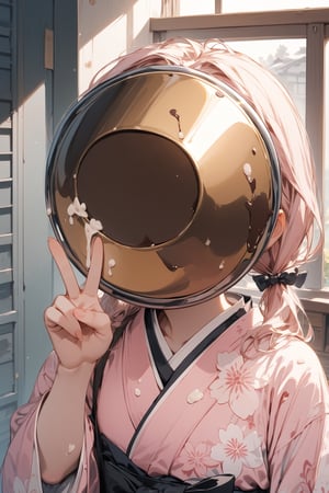 //quality, masterpiece:1.4, detailed:1.4,best quality:1.4,//,1girl,solo,(faceless),//,(sliver dish head),pink (long twintails),//,Black bow headband,pink sakura kimono, cream on clothes, chocolate on clothes,//,hand_up,v,v-sign,//, close_up portrait,//,bag_over_head, indoors,