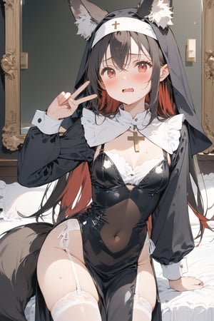 //quality, masterpiece:1.4, detailed:1.4, ,best quality:1.4, //, 1girl,solo,Tekeli,//,black fox ears,black fox tail,black hair,red inner hair,red_eye,long_hair,straight_hair,small_chest,groin,//,(black nun costume),long_sleeves,nun headwear,covered_navel,cross_necklace,white leotard,leotard under clothes,leotard under nun costume,(pelvic curtain),(white garter straps),garter_belt,garter stockings,//,blushing,wavy_mouth,sweat_drops,//,hand covering eyes,v,v over eyes,//,indoor,bedroom,mirror,reflection,Nun