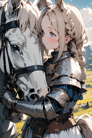 //quality, masterpiece:1.4, detailed:1.4,best quality:1.4,//,1girl,solo,royal knight,//,blonde_hair:1.3, long hair,(single braid),horse_ears,forehead,horse_tail, detailed eyes, blue eyes,//,detailed white armor,white cloak,gauntlets,leather_belt,//,blush,light smile, closed_mouth,//, white horse,close-up shot of girl touching a white horse, touching horse, ,//,nature,blue sky, mountains,Medieval,