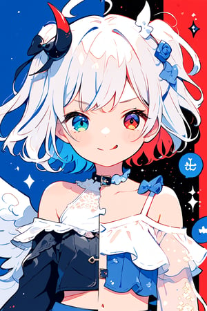 Σ(*ﾟдﾟﾉ)ﾉ TensorArt-chan//quality, masterpiece:1.4, detailed:1.4, best quality:1.4,//, split screen,puzzle,(SplitScreen),upper body,splitscreen of devil and angel,red and blue puzzle,puzzle background,colorful background,Colorful art,close-up portrait,//,1girl,solo,loli,//,(short twintails),(white hair),(blue inner hair),ahoge,hair_accessories,beautiful detailed eyes,glowing eyes,blue eye,navel,off-shoulder,collarbones,//,fashion,white crop top,long sleeves,white gloves,blue skirt//,happy,smile,mouth closed,blush,looking at viewer,cute comic,BREAK,1girl,solo,loli,//,(short twintails),two side up,(white hair),(blue inner hair),ahoge,devil horns,hair_accessories,beautiful detailed eyes,glowing eyes,red eye,((heterochromia)),navel,//,fashion,white crop top,white shirt,gloves,belt,blue skirt,//,evil smile,naughty_face,tongue out,blush,smirk,looking at viewer,//,(((top wear with title text read as "TENSORART"))),BREAK