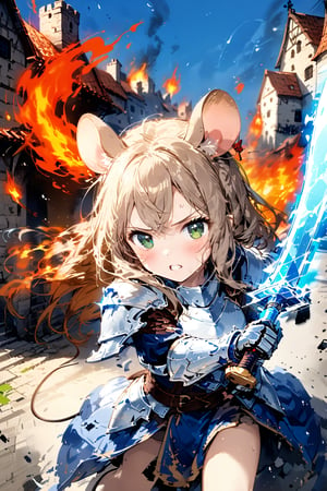 //quality, masterpiece:1.4, detailed:1.4,best quality:1.4,//,1girl,(solo),mouse girl,knight,//,brown mouse ears, rounded mouse ears, animal ear fluff, brown mouse tail,(brown hair),long hair,windy hair, messy hair, (green eyes),//,white armor, cracked armor, broken armor,leather belt,gauntlets,thigh,//, 
dirty,dirt,dirty face, injured,wounded face,sweaty,angry,blush,serious,looking at viewer,mouth open,teeth,//,upper body,((hands holding sword)),magic sword,light particles,(glowing sword),(blue glowing sword), 
dynamic,arm up,running stance, (running on the rooftop),//,from above,solo focus, scenery, medieval town view,motion blur,blurry background,motion line,motion effect,close up, straight-on,blue sky, fire,flame behind the girl,((fire and smoke surrounding the girl)),((no humans background)),smoke background, medieval town, simple background,flying debris,blue vfx,full vfx,ink,smoke,blue ink smoke,ink smoke background,ink paint,brave perspective