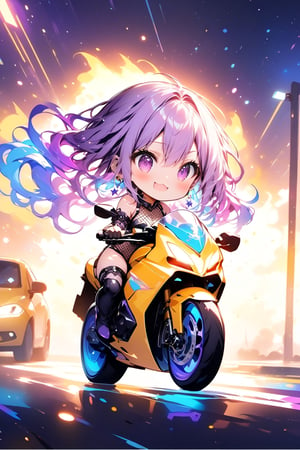 //quality, masterpiece:1.4, detailed:1.4, ,best quality:1.4, //,1girl,solo,(chibi),//, ((purple_hair)), (blue hair),(((gradient hair))), long hair, wavy hair,detailed eyes, glowing eyes, purple eyes: 1.3,shoulders,large chests,//, goggle on head: 1.1, earrings,yellow jacket, leotard, detached sleeves, (fishnets), thigh boots,//, blush,smile,mouth_open, >3<,(xd),XD face,//, yellow motorcycle, riding motorcycle, detailed motorcycle,(pov motorcycle),from_side, //,neon lights glow in the dark,starry_night,star_background,star_(symbol) ,night,blurry_background,backlighting,vibrant colors,Colorful art,ink paint,((Chibi character))