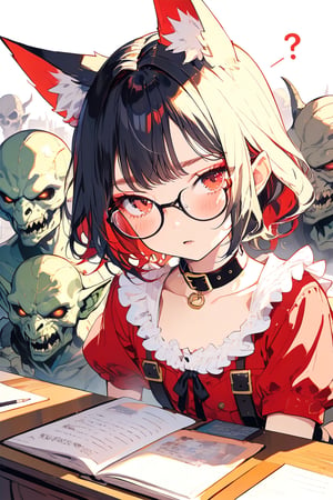 //quality, (masterpiece:1.331), (detailed), ((,best quality,))//,(((1girl and goblins, multiple_boys,evil goblins,evil goblins grabbing_from_behind, multiple_goblins))),BREAK ,loli,//,(black fox ears:1.3),animal ear fluff,hairstyle, (black hair:1.2),(red hair1.1),(colored inner hair:1.3),(short ponytail:1.1),sidelocks, beautiful detailed eyes,((red eyes:1.3)),(glasses:1.3),//,fashion,hood,cat_collar,collarbone,(fox_tail:1.2),//,blush,:o,cold sweat,//,chair,sitting,(speech_bubble,question_mark:1.4)((,(?,??), )),//,desk,close-up to goblin,upper_body,emo