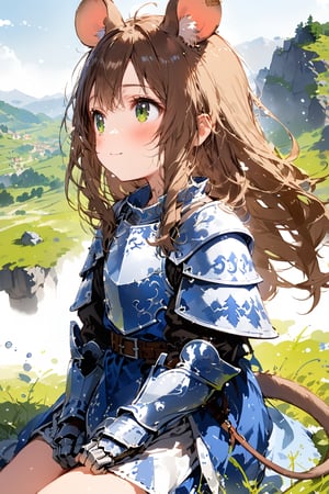 //quality, masterpiece:1.4, detailed:1.4,best quality:1.4,//,1girl,solo,loli,mouse girl,knight,//,brown mouse ears, animal ear fluff, brown mouse tail,(brown hair),long hair, messy hair,beautiful detailed eyes, (green eyes),//,(white armor), blue armor dress,leather belt,gauntlets,thigh,//,blush,light smile,looking up,looking away,cowboy shot,profile,//,sitting on grass,on mountain,//,medieval,from side,nature,ink,ink smoke,ink smoke background