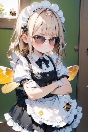 //quality, masterpiece:1.4, detailed:1.4, best quality:1.4,//,1girl,solo,loli,//,(yellow hair),(long hair),blunt bangs,//,(bee_wings), (sunglasses),(spades_symbols),bow,maid headband, white maid_costume, white gloves,//,blush,closed_mouth,angry,//,standing,arms_crossed,//,indoors,bees,room,cowboy_shot,Deformed,agtsg