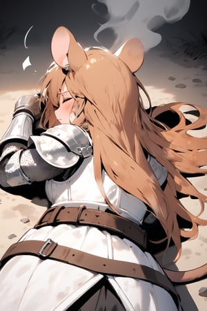 //quality, masterpiece:1.4, detailed:1.4,best quality:1.4,//,1girl,solo,mouse girl,knight,//,brown mouse ears, animal ear fluff, brown mouse tail,brown hair,long hair, messy hair,//,white armor, cracked armor, broken armor,leather belt,gauntlets,//, (dirt),,dirt face injured,wounded face,hair covering eyes,(closed_eyes),hurt, painful expression, sweaty,//,lying down on stomach,on ground,(view from behind),close-up,//,stone road, Europe medieval,from_above, black background ,fire,flame ,dust,dust effect,smoke, steaming body,ink paint,facing_viewer