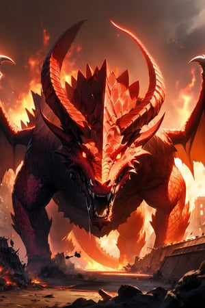 //quality, masterpiece:1.4, detailed:1.4,best quality:1.4,//,Europe dragon,evil dragon,realistic dragon,(((red dragon))),dragon tail,red skin,(red dragon scales),all fours,dragon horns, dragon wings,no humans,red eyes, glowing eyes,looking_at_viewer,fangs,drooling, straight-on,//,simple background,destruction, backlighting, destroyed buildings, fire, building on fire , Europe medieval,from below,DRG,red smoke,ink smoke,ink smoke background, very wide shot,huge dragon,first-person_view,no humans background