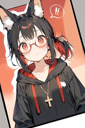 //quality, masterpiece:1.4, detailed:1.4, ,best quality:1.4, //, 1girl, cute,solo,Tekeli,//,black fox ears,animal ear fluff,black fox tail,black hair,red inner hair,short ponytail,sidelocks,red eyes,collarbones,small_chest,//,red_glasses,cross_necklace, black hoodie,hood_down,//,(blushing),blush,sweat_drop,stripes of blushing,flushed, embarrassed, surprised,(looking_down),looking_at_viewer,//, (speech_bubble with exclamation_mark),!,!,close-up portrait,upper_body,hands out_of_frame,arms_outstretched, straight-on,//,indoor, detailed room background,(from_below),low-angle_shot,