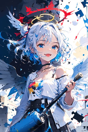 [Angel 😇 TensorArt-chan:0.00]//quality, (masterpiece:1.331), (detailed), ((,best quality,)),//,//,1girl,solo,loli,//,(short twintails:1.331),(white hair:1.3),(blue hair:1.2),(colored inner hair:1.4),ahoge,glowing_hair,(halo:1.331),hair_accessories,(covered small_breasts:1.331), beautiful detailed eyes,glowing eyes,(blue eyes:1.21),//,fashion,white jacket with logos,white crop top,blue bottom wear,red and blue gloves,(Angel_wings:1.331),//,(smile:1.331),(cute_fangs,),facing at viewer,//,(((girl holds a huge paint roller in her hands))),wall painting about devil and angel,(hands_up),,(wall:1.331),(back_against_wall),//(glitch effect: 1.331),(puzzle),straight-on,//,scenery,ink,