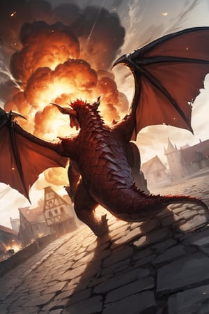 //quality, masterpiece:1.4, detailed:1.4,best quality:1.4,//,evil dragon, realistic dragon,(red dragon),red scales,dragon horns, dragon wings,no humans,red eye,from behind,from above,(aerial_view),//, Medieval town,stone floor,building on fire ,(from below),DRG, explosion,nuclear explosion,blurry_background,dust,dust effect,smoke,Explosion Artstyle