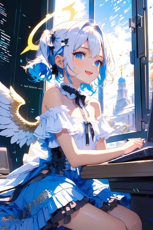 [Angel ଘ( ˊᵕˋ )ଓ TensorArt:0.00]//quality, (masterpiece:1.331), (detailed), ((,best quality,)),//portrait,//,1girl,solo,loli, (angel:1.331),//,(short twintails:1.331),(white hair:1.3),(blue hair:1.2),(colored inner hair:1.4),ahoge,(halo:1.331),hair_accessories,(small_breasts:1.331), blue eyes,beautiful detailed eyes,glowing eyes,(angel_wings),//,lolita,(white topwear:1.21),(blue_dress: 1.331),//, smile ,cute_fangs, looking at viewer,//, sitting,//,internet,line code,(data codes:1.331), (glitch effect:1.331),(scenery:1.331), computer, table,//,