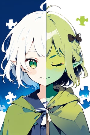 score_9, score_8_up, source_anime,//quality, masterpiece:1.4, detailed:1.4,best quality:1.4,//,(((green skin))),symmetry,puzzle,SplitScreen,upper body,(splitscreen of darkblue school uniform view and green cloak view),splitscreen,cute comic,colorful background,//,BREAK,1girl,goblin,pointed_ears,(((green skin))),ahoge,sidelocks,(white hair), green eyes,//,medieval clothes, green cloak,//,smile,straight-on,//,BREAK,1girl,((green skin))),goblin,loli,ahoge,(green hair),closed eyes, medium_hair, straight_hair,//,darkblue school_uniform,Deformed