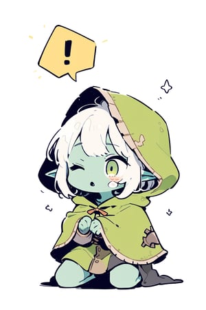 //quality, masterpiece:1.4, detailed:1.4,best quality:1.4,//,(doodle style),//,goblin,pointed_ears,(((green skin))),1girl,solo,white hair, green eye,//, medieval clothes,hood up, green cloak,//,shocked, (one_eye_closed),tearing_up,mouth_open,kneeling, straight-on,!, spoken_exclamation_mark, , holding own hand//,wall background,cute comic,