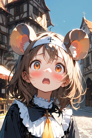 //quality, masterpiece:1.4, detailed:1.4,best quality:1.4,//,1girl,(solo),cute,loli,//, brown mouse_ears,mouse_tail,animal ear fluff, medium hair, brown hair,beautiful detailed eyes,orange eyes,//,(black nun costume),long sleeves,//,blush,looking up.suprised,scared,shocked//,under shadow,medieval town,outdoors,dal-6 style,split screen