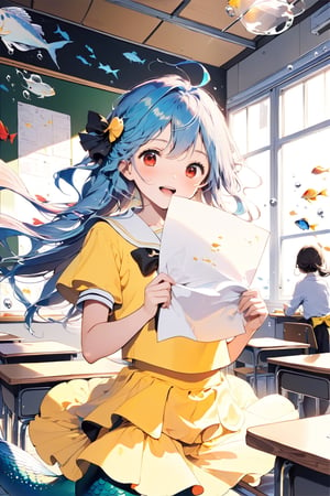 //quality, (masterpiece:1.4), (detailed), ((,best quality,)),//1girl,(mermaid:1.4),(loli:1.3), child,cute,//,(blue_hair:1.3),ahoge,floating_hair, detailed_eyes,(red eyes:1.2),//,bows,frilled,(yellow kindergarten uniform:1.3), yellow dress,//,(happy:1.2),smile,teeth,mouth_open//,(holding paper:1.3),(facing_viewer, straight-on:1.4),//,(classroom:1.4), (wall:1.1), (blackboard:1.3),(indoors:1.3),detailed room, underwater,(fish:1.2), bubbles,close_up,(comic:1.4)