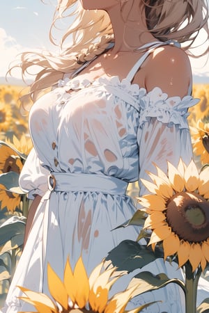 //quality, masterpiece:1.4, detailed:1.4,best quality:1.4,//,1girl, solo,//,(tan skin),blonde_hair,(long hair),french_braid,(large chest),//,white dress,lolita,see_through dress,//,sweaty,light smile,closed_mouth,//,holding sunflower,//,windy,sunflowers, sunflower fields, nature, backlighting, close-up to sunflower,close_up shot of waist and (head_out of frame)