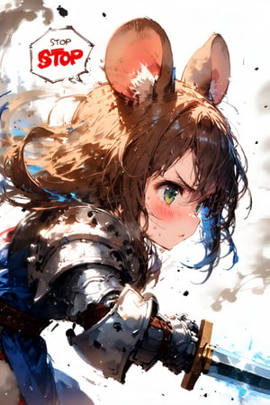 //quality, masterpiece:1.4, detailed:1.4,best quality:1.4,//,1girl,(solo),mouse girl,knight,loli,//,brown mouse ears, animal ear fluff, brown mouse tail,(brown hair),long hair, messy hair, (green eyes),//,white armor, cracked armor, broken armor,leather belt,gauntlets,thigh,//, dirty,dirt,dirty face, injured,wounded face,sweaty,angry,blush,serious,looking away,mouth open,//,((hands holding sword)),magic sword,light particles,(glowing sword),blue glowing sword,arm up,battle,running stance,//,motion blur,blurry background,motion line,motion effect,close up portrait,profile,(from side),leaning forward,blue sky,smoke surrounding the girl,((no humans background)),smoke background, medieval, simple background,flying debris,blue vfx,full vfx,ink,smoke,blue ink smoke,ink smoke background,ink paint,(((spoken buddle with text read as "STOP!",))), 