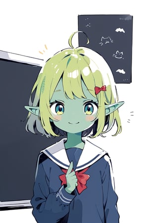 //quality, masterpiece:1.4, detailed:1.4,best quality:1.4,//,(doodle style),//,goblin,pointed_ears,(((green skin))),1girl,solo,ahoge,green hair, medium_hair, straight_hair, blue_eyes,//,(darkblue school_uniform),bow,//,(waving),smile,//, straight-on, blackboard,cute comic,upper_body
