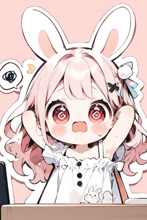 //quality, masterpiece:1.4, detailed:1.4, best quality:1.4,//,1girl,solo,cute,rabbit_girl,//,(white rabbit_ears),(pink hair,) long hair,wavy_hair,red_eyes, armpits,medium_chests,//,hair_ribbons,off_shoulder,(white fashion dress),//,sweat_drops,cold sweats,blush, frowning,@_@,(spiral_eyes),wavy_mouth,mouth_open,(spoken_squiggle),//,hands_up,(hands over head), table,//,pink_background,simple_background,close up portrait,upper_body,stickers,outline ,Deformed,sticker,chibi,chibi style,