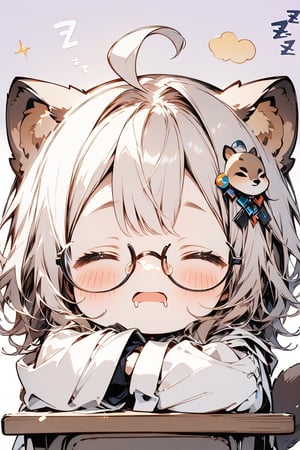 //quality, masterpiece:1.4, detailed:1.4,best quality:1.4,//,1girl,solo,//,raccoon girl,gray raccoon ears,gray raccoon tail,gray hair, messy hair,ahoge, medium hair, closed_eyes,//,hair_accessories,accessories,(round glasses),scientist,white lab coat,//,blush,bags_under_eyes,open_mouth,drooling,//,lying on desk,sleeping,(zzz),zzz, sitting on chair,//,close-up portrait,face focus,simple_background,purple_background,desk, chair, Deformed,((Chibi character)),sticker, outline 