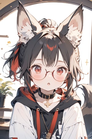 //quality, masterpiece:1.4, detailed:1.4, ,best quality:1.4, //, 1girl,solo,Tekeli,//,black fox ears,animal ear fluff,black fox tail,black hair,red inner hair,short ponytail,sidelocks,red eyes,collarbones,small_chest,//,fashion,red_glasses,cross_necklace, black hoodie,hood_down,//,blush,expressionless,:o,mouth_open,(looking_down),looking_at_viewer,//,(spoken_exclamation_mark),!,!!,close-up portrait,upper_body,hands out_of_frame,arms_outstretched,//,indoor, detailed room background,from_below,low-angle_shot