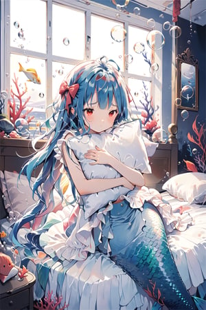//quality, (masterpiece:1.4), (detailed), ((,best quality,)),//1girl,(mermaid:1.4),(loli:1.3), child,cute,//,(blue_hair:1.3),ahoge,floating_hair,detailed_eyes,(red eyes:1.2),//,(bows,frilled_dress),pajamas,//,blush,furrowed brow,sad,gloom,:(,//,pillow hug,//,window,bedroom,bed,detailed room, underwater,(fish:1.2), bubbles,close_up portrait,(scared to sleep alone :1.4), 
