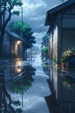 //quality, (masterpiece:1.4), (detailed), ((,best quality,)),//(heavy raining:1.3),cloudy,town, horizon,road,scenery,(flowers:1.4),fence,trees,leaf,plant,reflection,spring,Reflections 