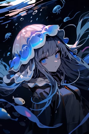 //quality, (masterpiece:1.331), (detailed), ((,best quality,)),//,illustration,//,1girl,jellyfish girl,//,(deepskyblue hair:1.331),(,long hair:1.21),hair_style,wavy_hair,sidelocks,(white jellyfish hood,:1.331),hood_up,see_through,long sleeves,medium breasts,pale skin,beautiful detailed eyes, blue eyes,eye_glow,//,expressionless,//,floating,floating in the sea,//,(underwater:1.331),kelp forest,jellyfish,white tentacles,//,dal,aesthetic,