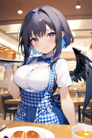 //quality, masterpiece:1.4, detailed:1.4, ,best quality:1.4,//,1girl, waitress,//,black_hair,hair intakes,short hair with long locks,blue inner hair, detailed eyes, glowing eyes, darkblue eyes,large chest,(black wings),big wings,wings focus,feather_wings, detailed wings,//, high-waist skirt, employee uniform, gingham apron, blue apron, blue skirt, short sleeves, white shirt, blue bowtie,blue bow,white gloves,//,blush, smile,looking_at_viewer,head_tilt,wince,winking,;),//,dishes of bread,holding dishes of bread, (straight-on),//,vibrant colors,Colorful art,KRU, indoors,restaurant, table, ceiling, lights, cup,ink paint,pov,