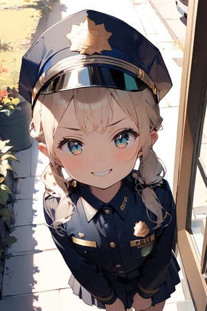 //quality, (masterpiece:1.3), (detailed), ((,best quality,)),//1girl,(loli:1.4),child,//,blonde_hair,sidelocks,(twin drills:1.4),detailed eyes,colorful eyes,//,(Text "FBI" uniform :1.4),(police_uniform:1.4),police_cap,((FBI badges,)),white thighhgihs,//,(smirk:1.2),blush,:3//,from_above,road outside the door,Porch Front,plants,leaf,