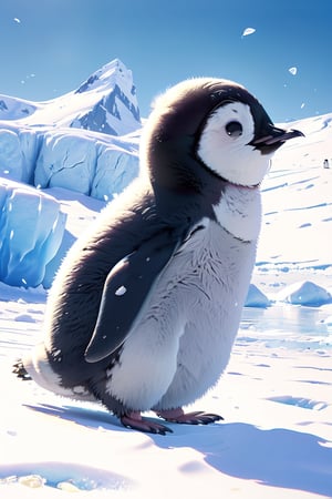 //quality, (masterpiece:1.331), (detailed), ((,best quality,)),//,close-up to a penguin,cute, adorable,scenery,ice,ice land,blue sky,emo,ice and snow,Penguin ,Bird,Animal ,3D cartoon,(from_behind:1.4),