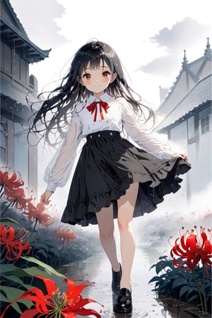 //quality, masterpiece:1.4, detailed:1.4,best quality:1.4,//(heavy raining), (cloudy),fog,(garden), spider lily_(flower),//,1girl,solo,(loli),//, black_hair,long hair, straight_hair,sidelocks,red_eyes, detailed_eyes, glowing_eyes,//,(black dress), white shirt,bow,long_sleeves,(white sleeves),black shoes,(wet),wet hair,wet clothes,wet legs,//,closed_mouth,smile, blush,glommy face,looking_at_viewer,//,(Curtsy), walking,//,horror,(straight-on),Deformed,