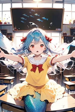 //quality, (masterpiece:1.4), (detailed), ((,best quality,)),//1girl,(mermaid:1.4),(loli:1.3), child,cute,//,(blue_hair:1.3),ahoge,floating_hair, detailed_eyes,(red eyes:1.2),//,bows,frilled,(yellow kindergarten uniform:1.3), yellow dress,//,furrowed brow,sad,gloom,mouth_open,//,(outstretched arms,spread arms:1.4),(facing_viewer, straight-on:1.4),//,(classroom:1.4), (wall:1.1), (blackboard:1.3),(indoors:1.3),detailed room, underwater,(fish:1.2), bubbles,close_up,(comic:1.4)