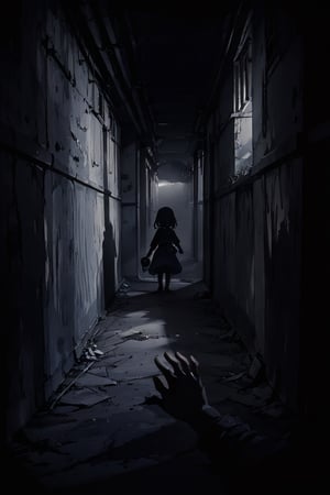 //quality, (masterpiece:1.331), (detailed), ((,best quality,)),//,(,first-person_view,pov hand on wall:1.3),one child standing at the shadow,dimly lit hallway,(abandoned and dirty hallway:1.3),night,dark background,dark anime,creepy, horror