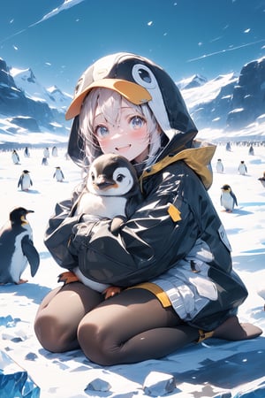//quality, (masterpiece:1.331), (detailed), ((,best quality,)),//,1girl,(penguin_girl:1.3)//,white hair,detailed eyes,//,(penguin costume:1.3),(black and white penguin hood:1.4),(hood_up:1.1),long_sleeve, gloves,(black pantyhose:1.1), yellow boots,//,blush, happy_face,light smile,//,kneeling,(hugging _penguin:1.3),looking_at_others,//, (((penguins,too many penguins))), group of penguins,(surrounding by penguins:1.4),scenery,ice,ice land,ice mountain,blue sky,emo,fluffy fur,ice and snow,Penguin ,Bird ,Animal ,