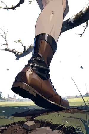 //quality, (masterpiece:1.331), (detailed), ((,best quality,)),//(dirt,grass),(motion_blur:1.3),wind effect,(comic:1.1),(marco photo close_up to foots kicking tree branch on ground:1.4),(medieval leather shoes),Europe medieval, fantasy,